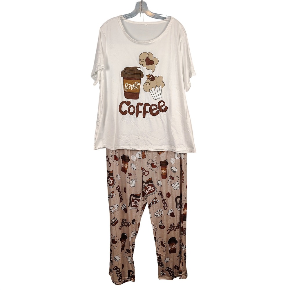 Womens 2XL Coffee Pajama Set 3pc White Brown Graphic Loungewear Cozy Softcore